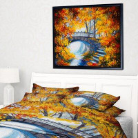East Urban Home 'Fall Forest with a Bridge' Framed Oil Painting Print on Wrapped Canvas