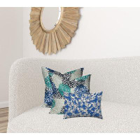 HOMEROOT Set Of Three 20" X 20" Blue And White Blown Seam Floral Throw Indoor Outdoor Pillow
