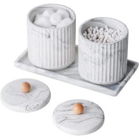 Everly Quinn Bathroom Ceramic Cotton Swabs Holder With Lid And Dresser Organizer Set,Small Decorative Jar Set With Tray