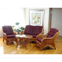 Bayou Breeze Jam Lounge Set of 4: 2 Natural Rattan Wicker Chairs Loveseat and Coffee Table w/Glass, Colonial