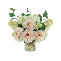 Primrue Peony and Hydrangea Arrangement in a Clear Glass Vase with Seashells