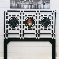 Bayou Breeze Joy Headboard With Black Poles And White Leather With Solid Black Side Panels And 15 In Parrot In Centre