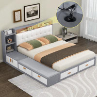 Ivy Bronx Queen Size Low Profile Platform Bed Frame With Upholstery Headboard And Storage Shelves And Drawers,Grey