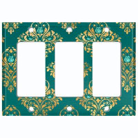 WorldAcc Metal Light Switch Plate Outlet Cover (Damask Yellow Elegant Diamond Green Rose - Single Toggle)