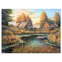 Design Art Birches in Autumn Village Landscape - Wrapped Canvas Print