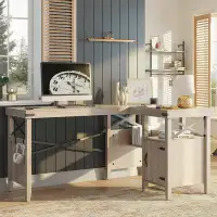 Steelside™ Bureau d'ordinateur en forme de L Koopman avec armoire de rangement, table de bureau de ferme pour bureau d'é