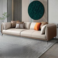 PULOSK 84.65" Beige Genuine Leather Standard Sofa cushion couch