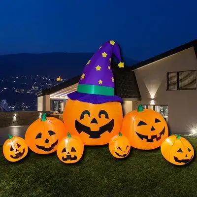 8.2 Ft Halloween Inflatable 7 pumpkins wearing witch hats can create an amazing Halloween atmospher....