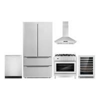 Cosmo Cosmo 5 Piece Kitchen Package With 36" Freestanding Gas Range 36" Island Range Hood 24" Built-in Fully Integrated