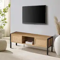 Bay Isle Home™ Rustic TV stand with open storage compartment and wire management holes