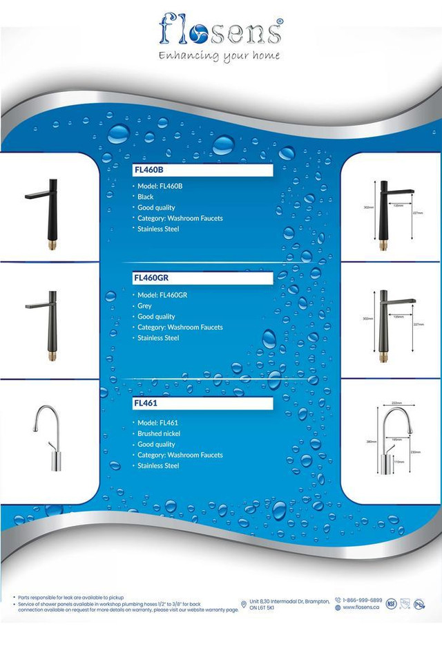 washroom faucets basin faucets single hole 3 hole deck plate life time warranty free hoses pair in Bathwares in Toronto (GTA) - Image 3