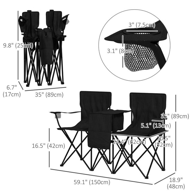 Double Camping Chairs 59.1" L x 18.9" W x 35" H Black in Fishing, Camping & Outdoors - Image 3