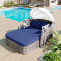 Red Barrel Studio Ceit 79.9" Outdoor Sunbed With Adjustable Canopy, Double Lounge, Pe Rattan Daybed, White Wicker, Grey