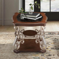 Astoria Grand Marble Top Wooden End Table With Shelf, Traditional Square Sofa Table with Metal Scrollwork
