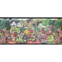Red Barrel Studio Concord Wallcoverings Wallpaper Border Garden Pattern Flowers Watering Can Clay Pots Bicycles Pavilion