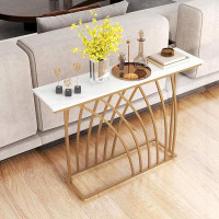 GOFLAME GOFLAME 48” Gold Console Table, Modern Entryway Table With White Faux Marble Tabletop, Geometric Base, Narrow Lo