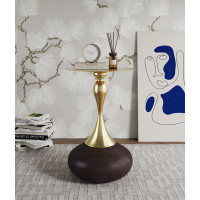 Mercer41 Modern Tivona End Table with Round Metal Base in Brown Wood with Gold Tabletop
