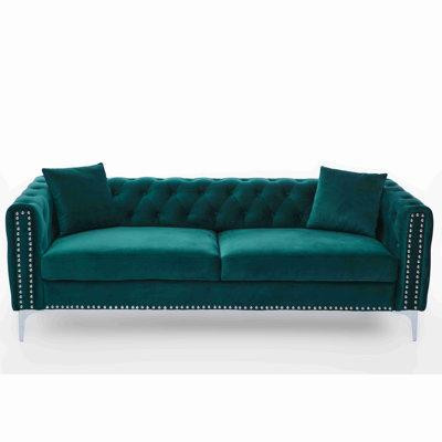 House of Hampton Sofa Includes 2 Pillows 78" Green Velvet Sofa For Small Spaces in Couches & Futons