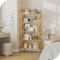 Mercer41 Ackles 62" Modern 5 Tiers Gold Free Standing Display Bookshelf Storage With X Crossbars
