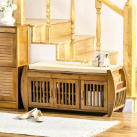 Rebrilliant Rebrilliant Shoe Bench With Storage Cabinets, Bamboo Entryway Bench With Seating Cushion, 3 Doors, Side Rack
