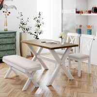 Sand & Stable™ Burnley 4 Pieces Farmhouse Rustic Wood Kitchen Dining Table Set with Upholstered 2 X-Back Chairs and Benc
