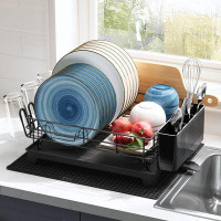 YITAHOME Stainless Steel Dish Rack with Swivel Spout,Utensil Holder, Extra Dish Drying Mat, Black