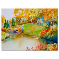 Design Art House and Quiet Pond in Fall - Wrapped Canvas Painting Print