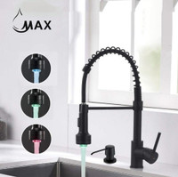 Pull-Down Spiral Kitchen Faucet Chef Style 16.5 With LED Light And Soap Dispenser Matte Black Finish.