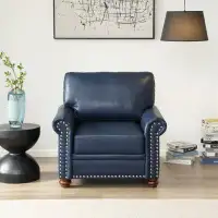 Winston Porter Living Room Sofa Single Seat Chair With Wood Leg Navy Blue Faux Leather