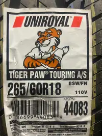 4 Brand New Uniroyal Tiger Paw Touring A/S 265/60R18 tires. All Season tires $50 REBATE!!!  *** WallToWallTires.com ***