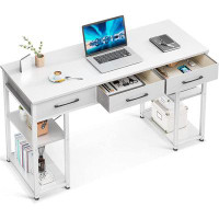 Ebern Designs Office Small Computer Desk: Home Table With Fabric Drawers & Storage Shelves, Modern Writing Desk