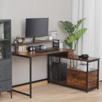 17 Stories L-shaped Computer Desk With File Drawer, Led Strip, Power Outlet