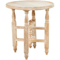 Bungalow Rose Cole And Grey Mango Wood Whitewashed Accent Table With Silver Beaded Rim And Turned Legs