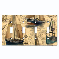 WorldAcc Metal Light Switch Plate Outlet Cover (Rustic Sail Boat Nautical Map - Quadruple Toggle)