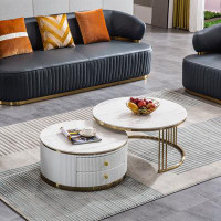 Everly Quinn Modern Nesting MDF Coffee Table Round White End Table, Sintered Stone Appearance With Gold Finish Metal Bas