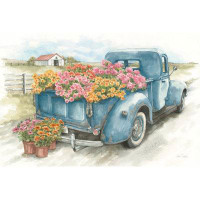 August Grove Truck With Flowers On Blue