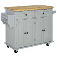 KITCHEN ISLAND WITH STORAGE, ROLLING TROLLEY CART WITH RUBBER WOOD TOP, SPICE RACK, TOWEL RACK, GREY
