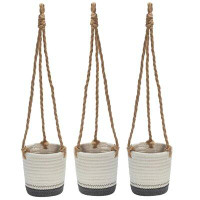 Highland Dunes White And Dark Grey Cotton Rope Hanging Round Planter Baskets Set/3