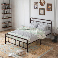 August Grove Queen Size Metal Platform Bed Frame With Victorian Style Wrought Iron-Art Headboard/Footboard
