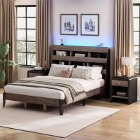 Wrought Studio Mid Century Modern Bed Frame With Bookshelf, LED Lights And USB Port