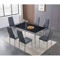 Hokku Designs 8Mm Tempered Black Marble Glass Tapered 7 Pc Dining Set With Grey Cushion Seats