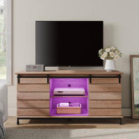 Gracie Oaks Farmhouse TV Stand With RGB Lights For Tvs Up To 110 Inch, Barnwood Entertainment Centre With Storage And Ba