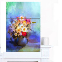 Design Art 'Beautiful Flowers Bouquet on Blue' 3 Piece Painting Print on Wrapped Canvas Set