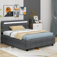 Cosmic Queen Size Linen Upholstered Platform Bed with LED Frame and 4 Drawers