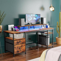 17 Stories Retro Rustic Brown Desk - Power Outlets, LED Lights, Fabric File Cabinet, Flexible Shelves