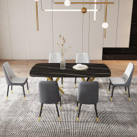 Mercer41 Chic F-1538 C-007 Large Dining Set: Rectangular Imitation Marble Table & Pu Cushioned Chairs, Black & Golden Me