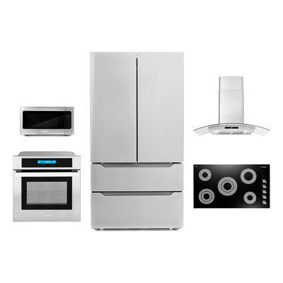 Cosmo 5 Pieces Kitchen Package with French Door Refrigerator & 36" Electric Cooktop & Wall Oven in Refrigerators