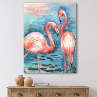 East Urban Home Pink Flamingos In Blue Water I - Farmhouse Canvas Wall Art Print PT35547