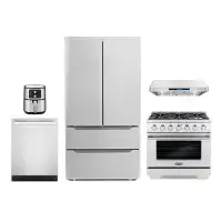 Cosmo 5 Piece Kitchen Package With 36" Freestanding Gas Range  36" Under Cabinet Range Hood 24" Built-In Fully Integrate
