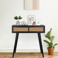 Bay Isle Home™ Console Table for Entryway Small Entryway Table Vanity Desk Rattan Dresser Side Table Black